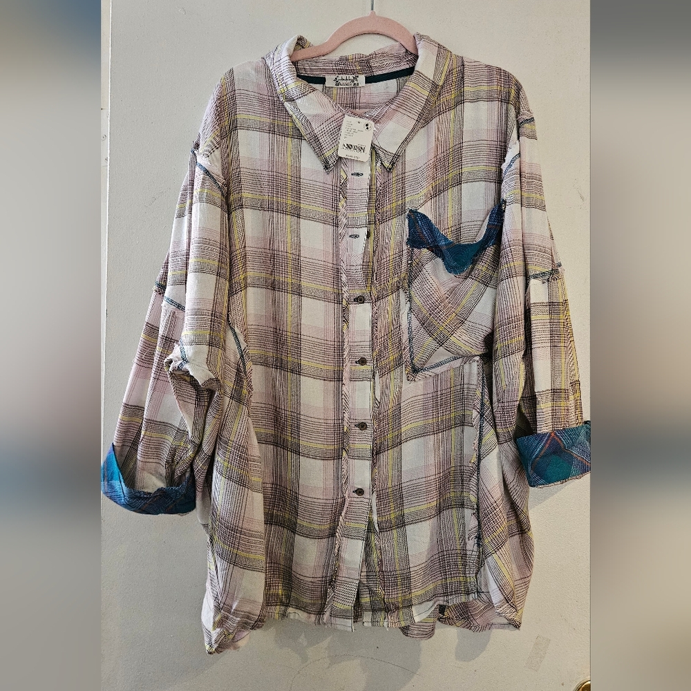 Free People Plaid Button Down Shirt - Cream and Blue